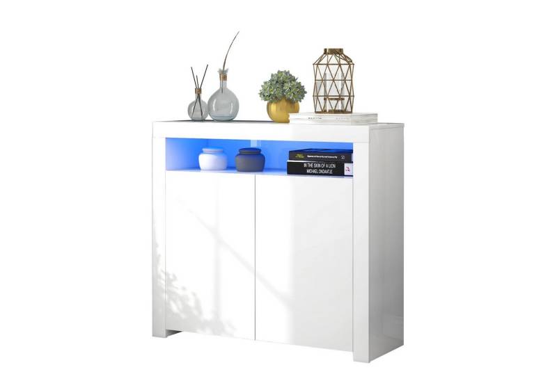 Rutaqian Kommode Kommode Sideboard Weiß Wohnzimmer Sideboard , Hochglanz mit LED-Licht, Küchenzeile Schrank Buffet Holz Aufbewahrungsvitrine TV-Ständer von Rutaqian