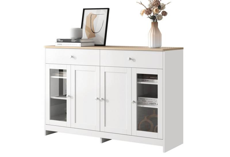 Rutaqian Kommode Sideboard mit weißer Holzmaserung, vier Türen, mit zwei Schubladen (Tür mit Glas, Beistellschrank mit Viel Stauraum. Holzfarbe und Weiß), Lagerschrank für Flur Esszimmer Wohnzimmer oder Küche 120x37x80 cm von Rutaqian