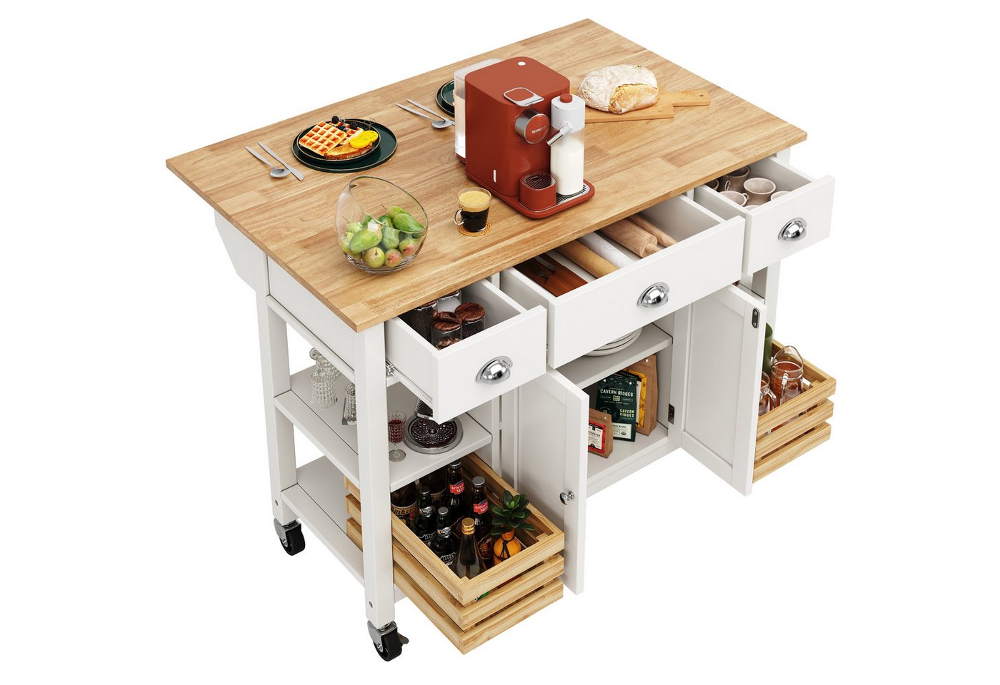 Rutaqian Kücheninsel Kücheninsel (120×45×90cm) Küchenschrank Essschrank Esszimmerwagen, Multifunktions Esstisch mit Kiefernkorb Aufbewahrungskorb,weiß/schwarz von Rutaqian