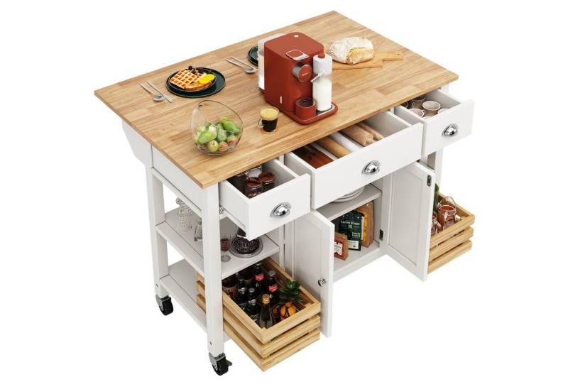 Rutaqian Kücheninsel Kücheninsel (120×45×90cm) Küchenschrank Essschrank Esszimmerwagen, Multifunktions Esstisch mit Kiefernkorb Aufbewahrungskorb,weiß/schwarz von Rutaqian