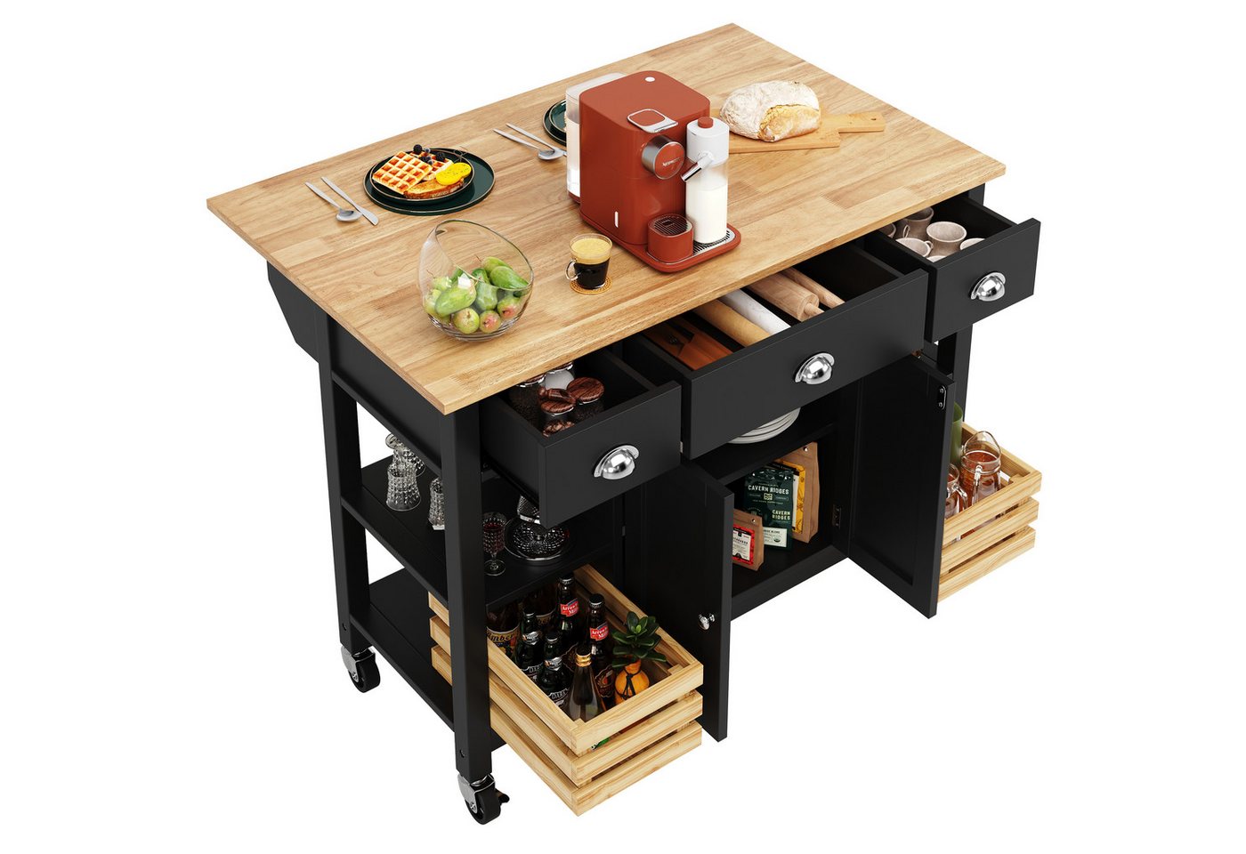 Rutaqian Kücheninsel Kücheninsel (120×45×90cm) Küchenschrank Essschrank Esszimmerwagen, Multifunktions Esstisch mit Kiefernkorb Aufbewahrungskorb,weiß/schwarz von Rutaqian