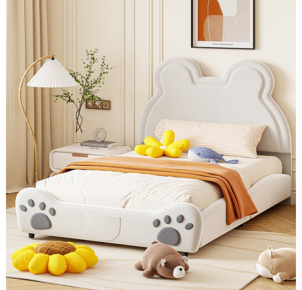 Rutaqian Polsterbett Doppelbett, Jugendbett, Kinderbett, mit Lattenrost und Kopfteil, (1-tlg., 140x200 cm), Bärenform, Velours, weiß, Ohne Matratze von Rutaqian