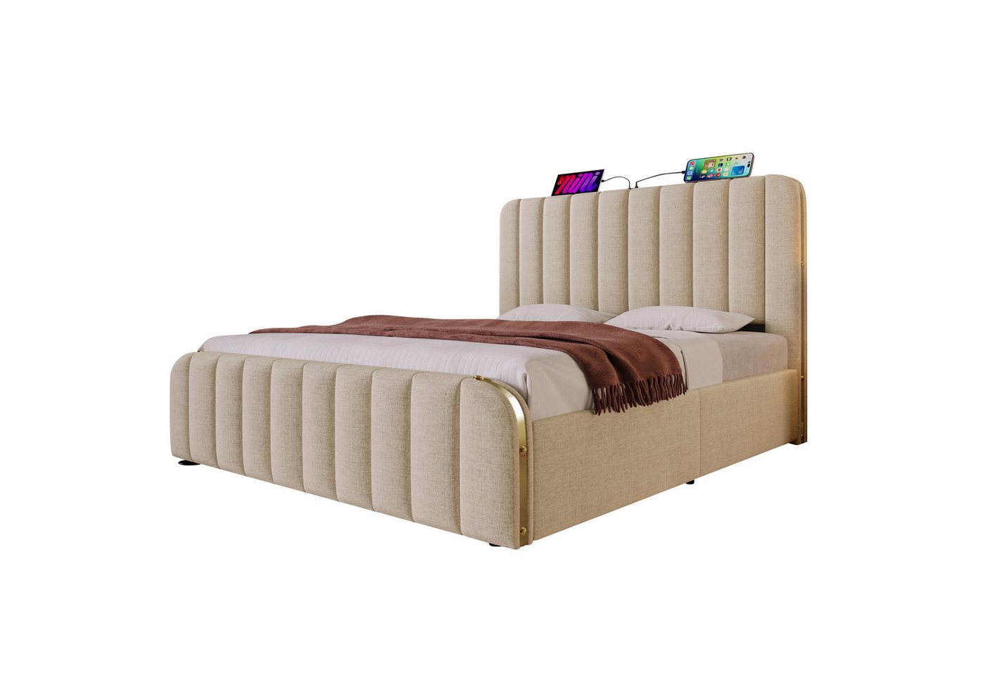 Rutaqian Polsterbett Doppelbett, Kopfteil mit Goldenen Zierstreifen,USB Typ-C Ladefunktion (Leinen-Material Hydraulisches Lagerbett (Ohne Matratze) von Rutaqian