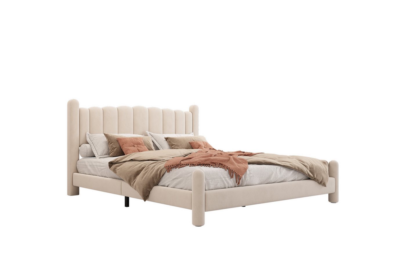Rutaqian Polsterbett Doppelbett Bettgestell 160/180×200 cm Zylindrische Stützbeine Design, (1-tlg), mit Lattenrost und Stilvolles fächerförmiges Kopfteil, Luxus-Stil von Rutaqian