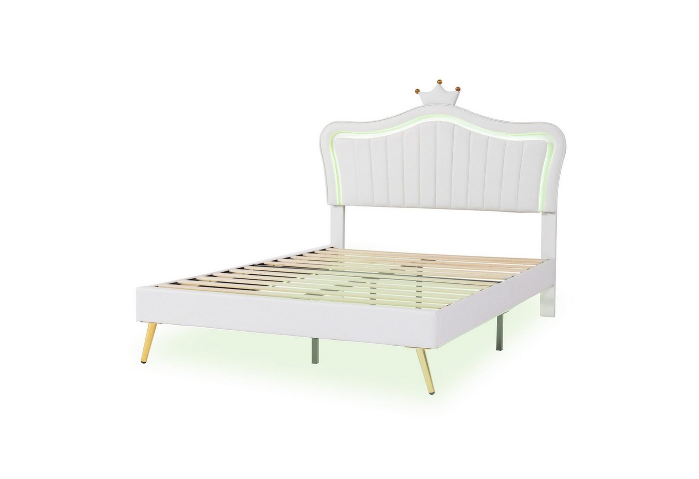 Rutaqian Polsterbett Doppelbett Kinderbett mit LED, Lattenrost und Rückenlehne, (1-tlg., stehen 2 Größen von), Kronendesign, 140 x 200 cm, aus PU-Leder, Ohne Matratze von Rutaqian