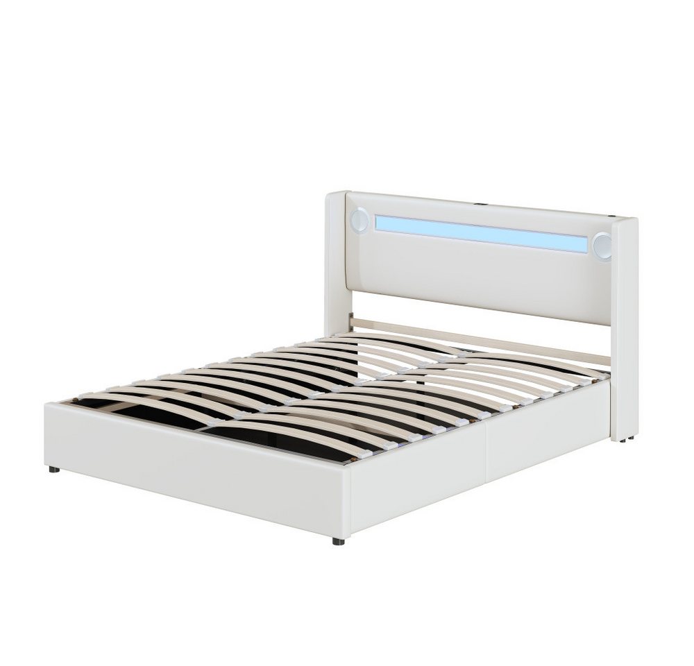 Rutaqian Polsterbett Doppelbett Stauraumbett Jugendbett Gästebett mit LED-Lichtleiste, (1-tlg., Bluetooth-Player und USB-Aufladung), Luxus-Stil, 140×200cm, modernes Design, aus PU-Leder von Rutaqian