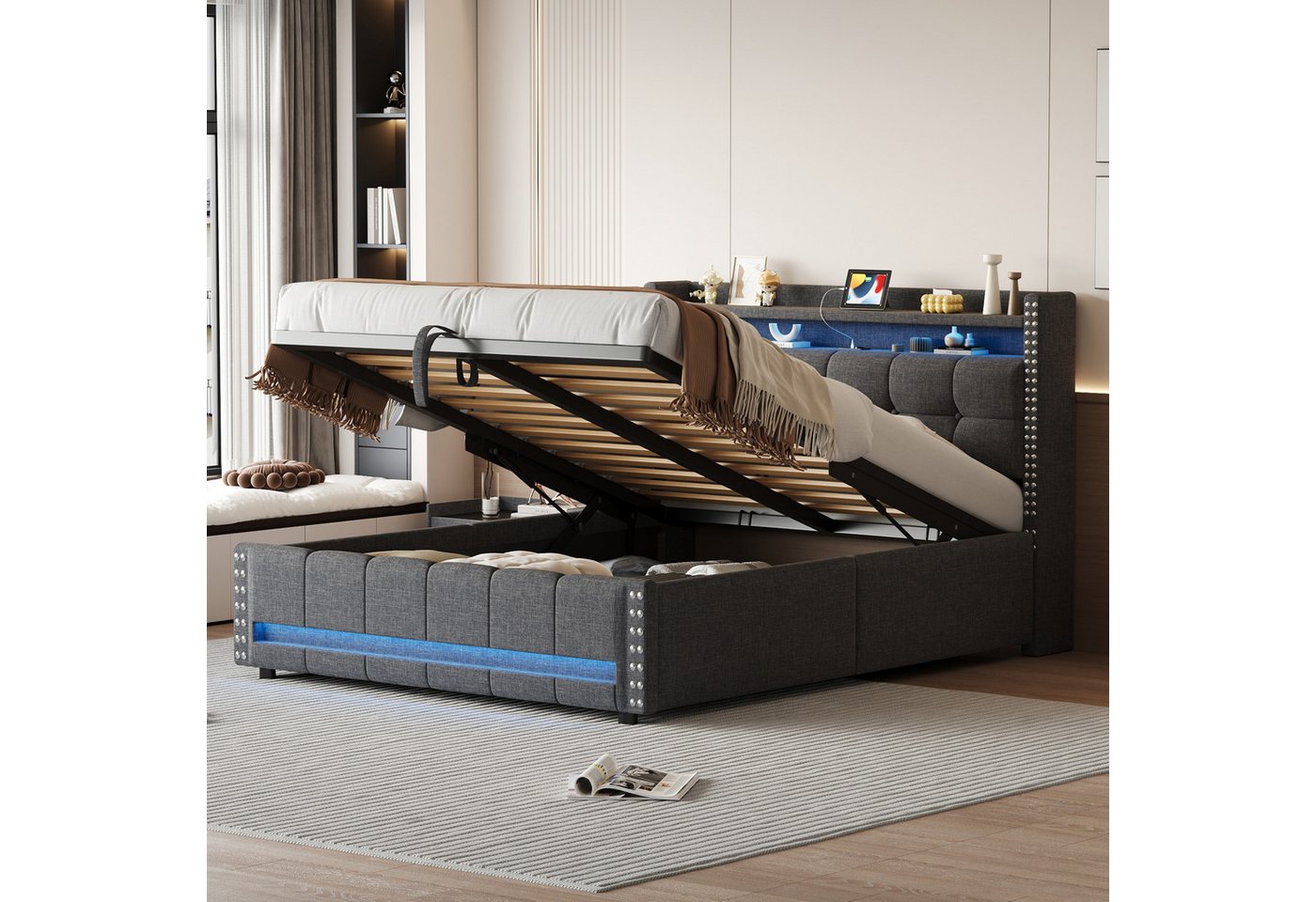 Rutaqian Polsterbett Doppelbett für Erwachsene mit LED-Beleuchtung und USB, (1-tlg), Mit Hydraulik für die Lagerung, Stauraumbett 140×200 cm, Leinenstoff von Rutaqian