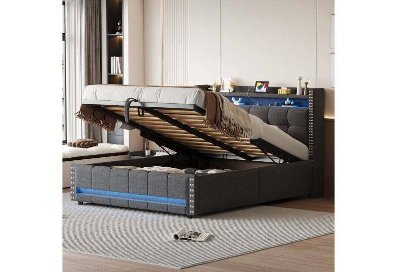 Rutaqian Polsterbett Doppelbett für Erwachsene mit LED-Beleuchtung und USB, (1-tlg), Mit Hydraulik für die Lagerung, Stauraumbett 140×200 cm, Leinenstoff von Rutaqian