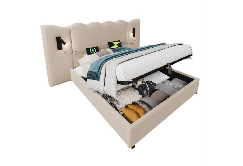 Rutaqian Polsterbett Doppelbett mit Leselampe und USB Type-C Ladefunktion (Leinen und wellenförmiges Kopfteil-Design), Hydraulisches Stauraumbett 160×200 cm(Ohne Matratze) von Rutaqian
