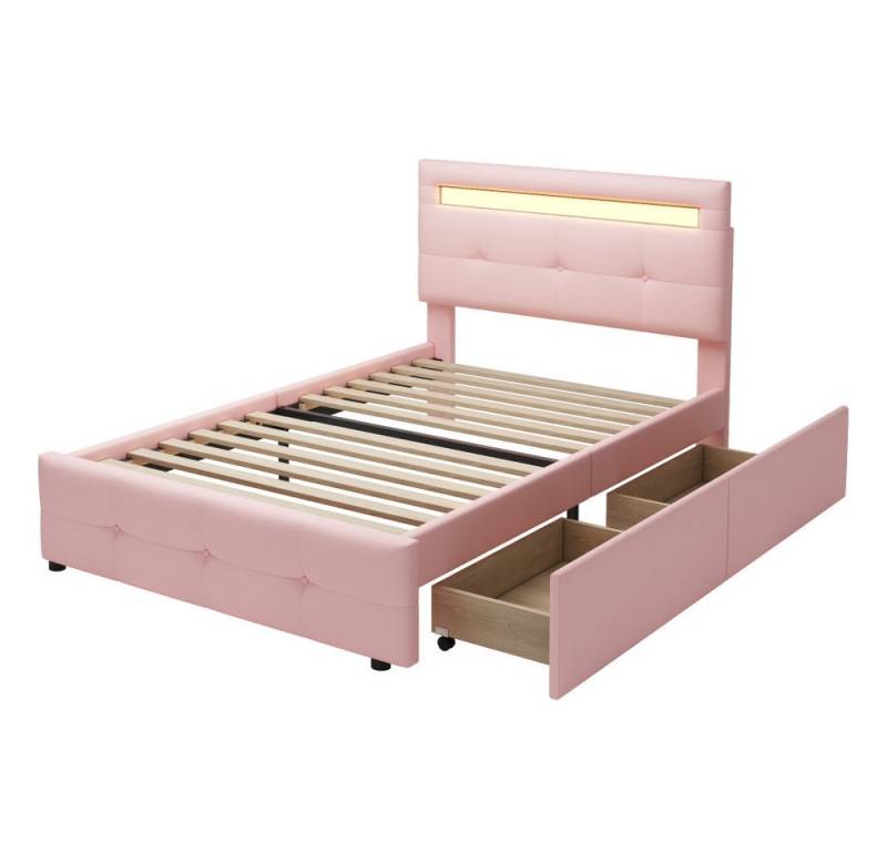 Rutaqian Polsterbett Einzelbett 90×200cm Jugendbett Kinderbett Gästebett (1-tlg., Mit Lattenrost und Kopfteil), mit Stauraumschubladen und LED-Leuchten, modernes Design von Rutaqian