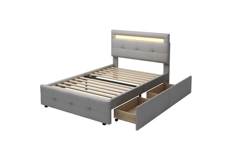 Rutaqian Polsterbett Einzelbett 90×200cm Jugendbett Kinderbett Gästebett (1-tlg., Mit Lattenrost und Kopfteil), mit Stauraumschubladen und LED-Leuchten, modernes Design von Rutaqian