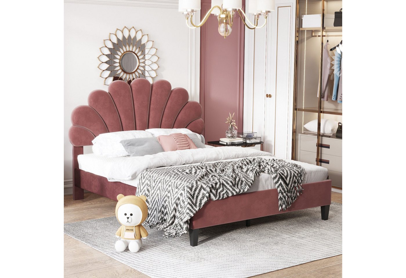 Rutaqian Polsterbett Gästebett, Erwachsenen-Jugendbett, 90/140 x 200 cm, (1-tlg), mit blumenförmigem Kopfteil und Lattenrost, Samtstoff von Rutaqian