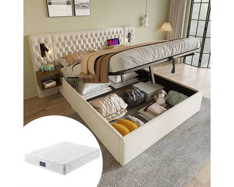 Rutaqian Polsterbett Hydraulisch Stauraumbett mit 2 Nachttischen,Kopfteil Leselicht (Bettanlage Schlafzimmer Komplett Set,USB Ladefunktion(Mit Matratze) von Rutaqian