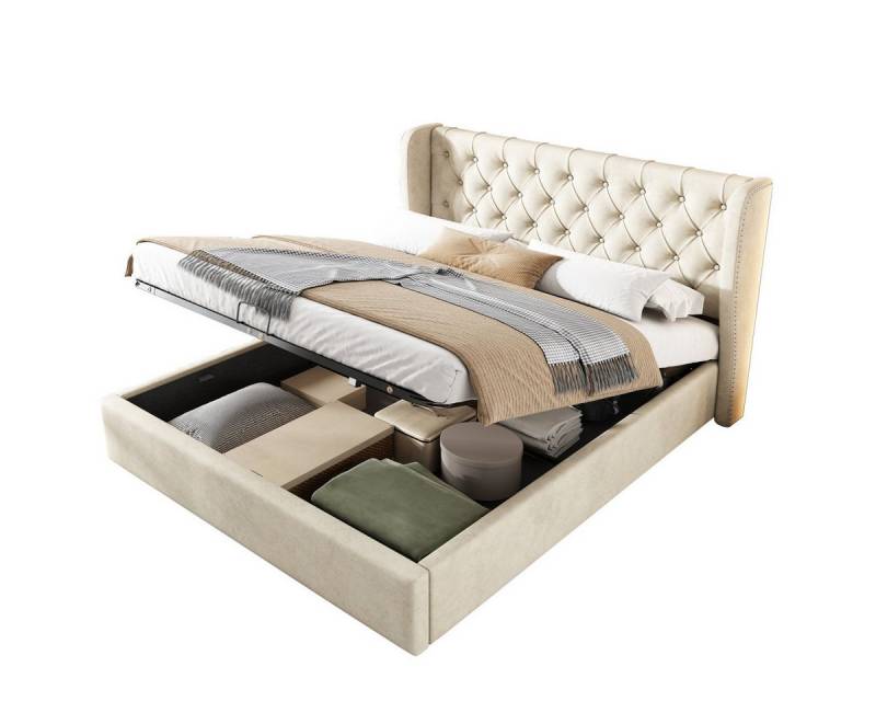 Rutaqian Polsterbett Hydraulisches Funktionsbett mit Lattenrost und Stauraum (Polsterbett Ohrenform Samtbezug Große Knopfnähte Doppelbett), Bettunterseite ist mit einem schmutzabweisenden schwarzen Vliesstoff von Rutaqian