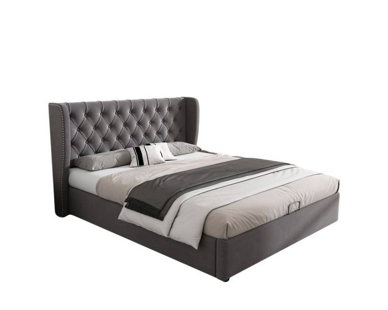 Rutaqian Polsterbett Hydraulisches Funktionsbett mit Lattenrost und Stauraum (Polsterbett Ohrenform Samtbezug Große Knopfnähte Doppelbett), Bettunterseite ist mit einem schmutzabweisenden schwarzen Vliesstoff von Rutaqian