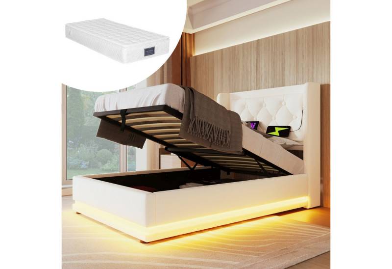 Rutaqian Polsterbett Hydraulisches Stauraumbett, Einzigartiges Kopfteildesign mit USB,Typ-C (Polsterbett 3-seitige LED-Funktion(Mit Matratze), Kopfteil Fügen Sie auf Beiden Seiten 16 cm Breite Flügelrücken Hinzu), Jugend und Erwachsenenbetten,Perfekt für Schlafzimmer,Gästebereiche von Rutaqian
