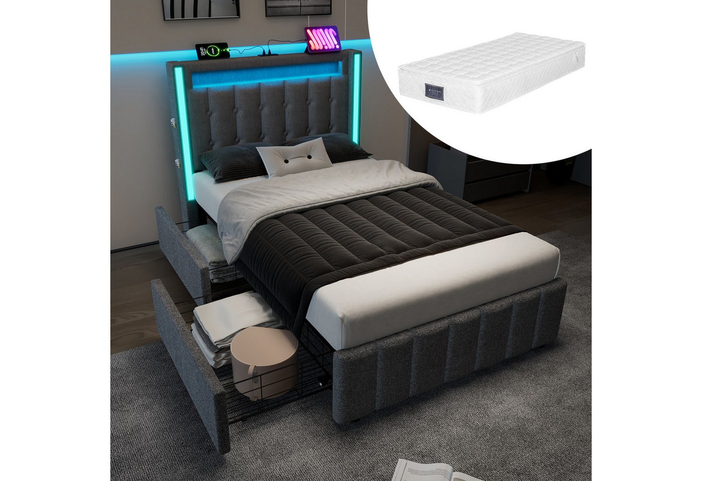 Rutaqian Polsterbett Jugendbetten, mit Bettkasten, LED Beleuchtung, USB Typ C Ladefunktion (Einzelbett Doppelbett Designbett mit Lattenrost aus Holz, Polsterbett, Bettgestell 3 Größen,2 Modi: ohne/Mit Matratze) von Rutaqian