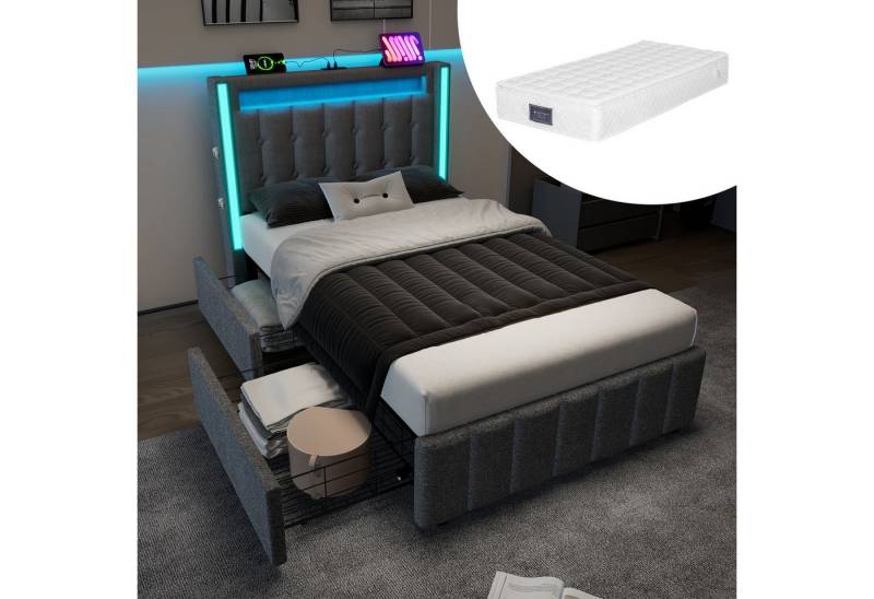 Rutaqian Polsterbett Jugendbetten, mit Bettkasten, LED Beleuchtung, USB Typ C Ladefunktion (Einzelbett Doppelbett Designbett mit Lattenrost aus Holz, Polsterbett, Bettgestell 3 Größen,2 Modi: ohne/Mit Matratze) von Rutaqian