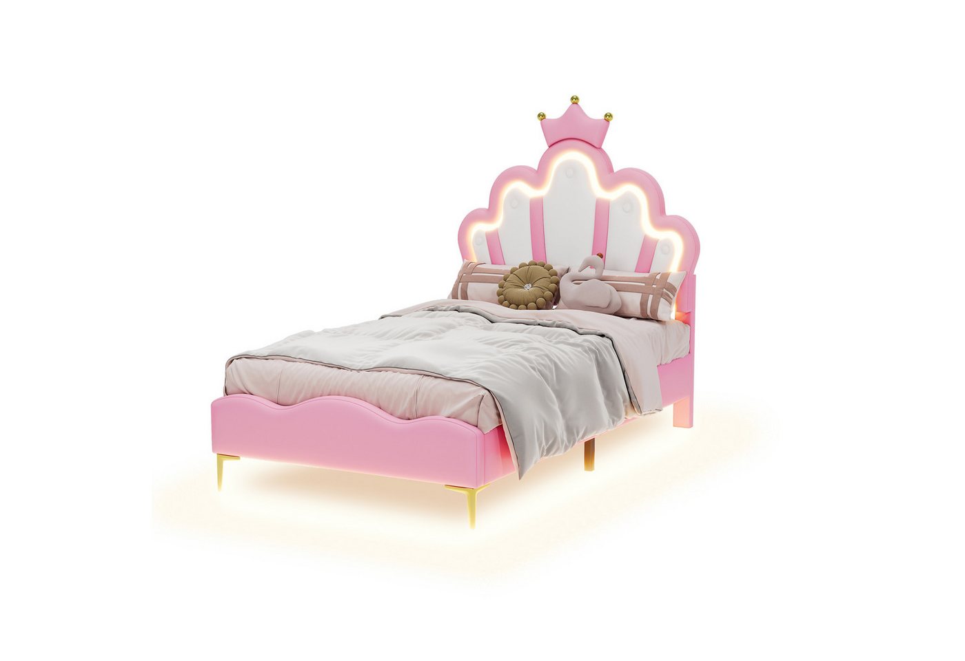 Rutaqian Polsterbett Kinderbett mit LED Einzelbett 90x200cm, Prinzessinnenbett (Bettgestell, 1-tlg., für Jungen Mädchen), mit kronenförmiges, mit Kopfteil und Lattenrost, aus PU-Leder von Rutaqian