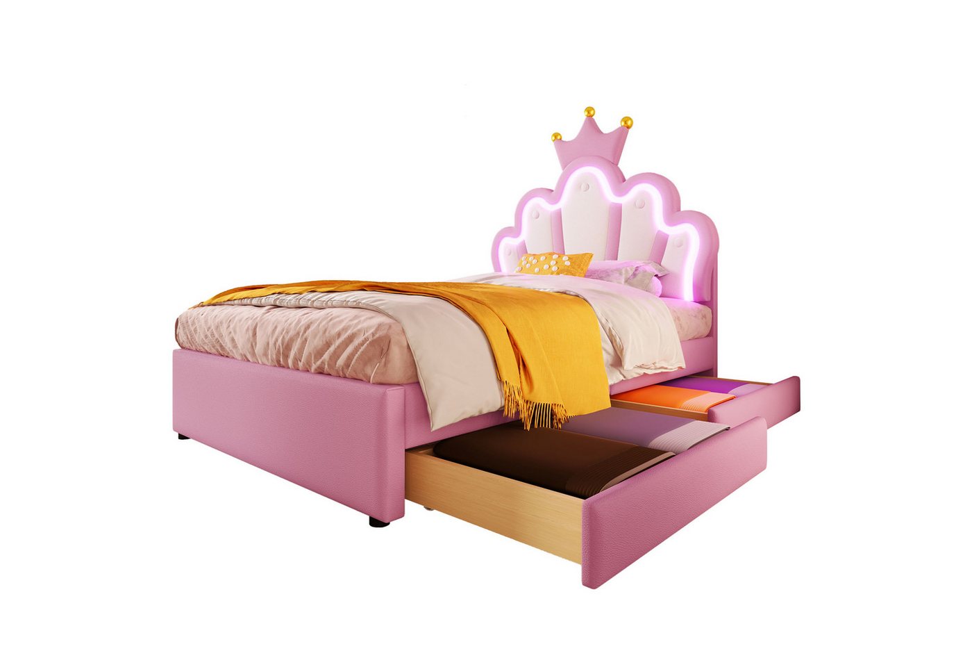 Rutaqian Polsterbett Polsterbett, 90/140 x 200 cm, Prinzessinnenbett mit 2 Schubladen (1-tlg., Ohne Matratze), Ferngesteuertes Ambientelicht, Verstellbares Kopfteil, PU, Weiß von Rutaqian