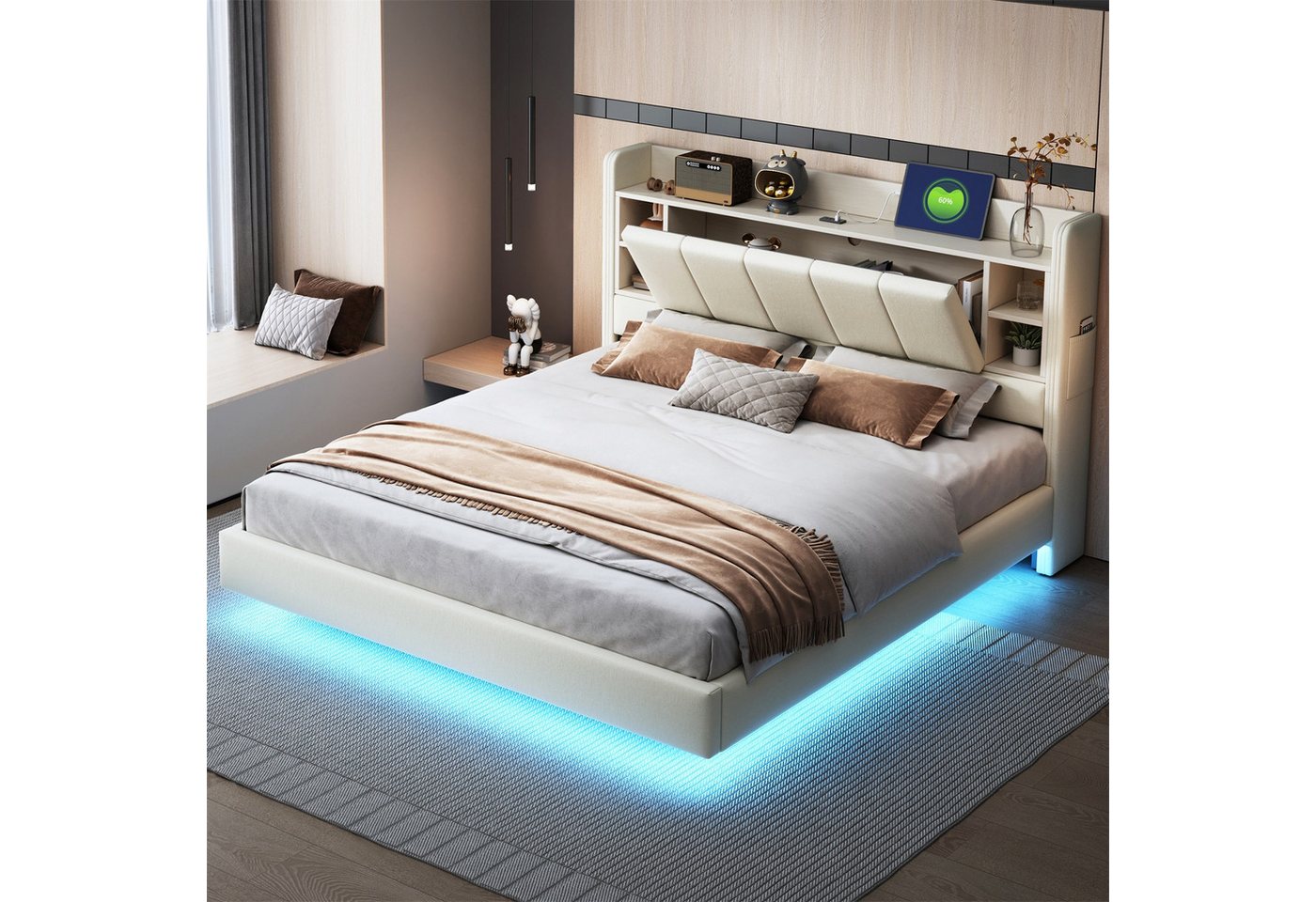 Rutaqian Polsterbett Polsterbett 140 x 200 cm, Doppelbett Mit USB-Steckdose und Lichtleiste (1-tlg., Wendbares Kopfteil mit Ablagefächern und Einlegeböden), mit kleinen Ablagefächern, Stabiler Metallrahmen, Doppelbett Beige von Rutaqian