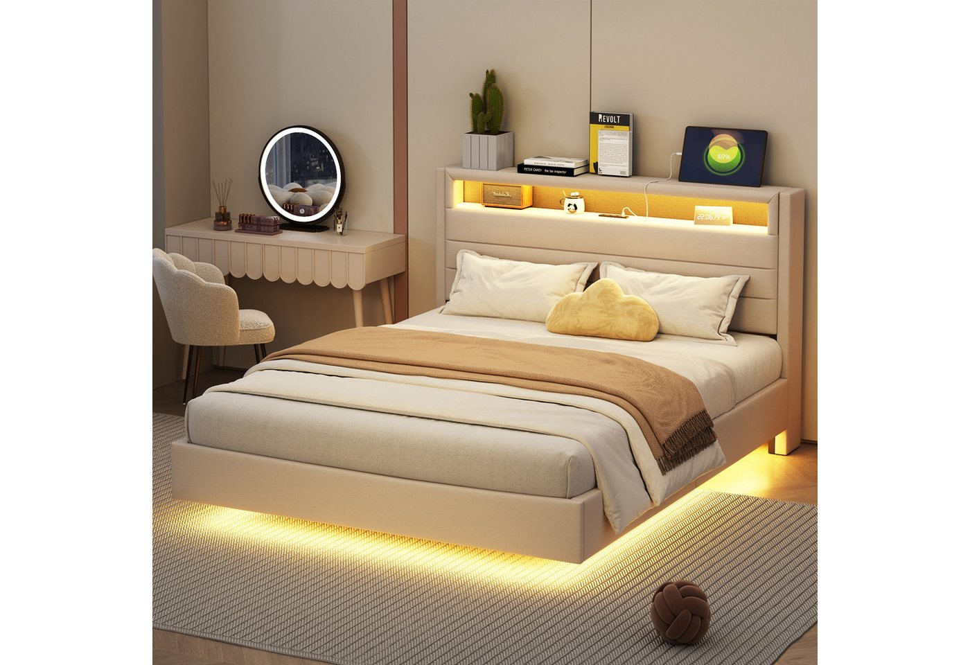 Rutaqian Polsterbett Polsterbett 160x200cm mit USB-Steckdose und LED-Licht Doppelflachbet, wendbares Kopfteil, verdecktes Fußteil, Jugendbett, Erwachsenenbett Rutaqian Polsterbett Polsterbett 160x200cm mit USB-Steckdose und LED-Licht Doppelflachbet, wendbares Kopfteil, verdecktes Fußteil, Jugendbett, Erwachsenenbett von Rutaqian