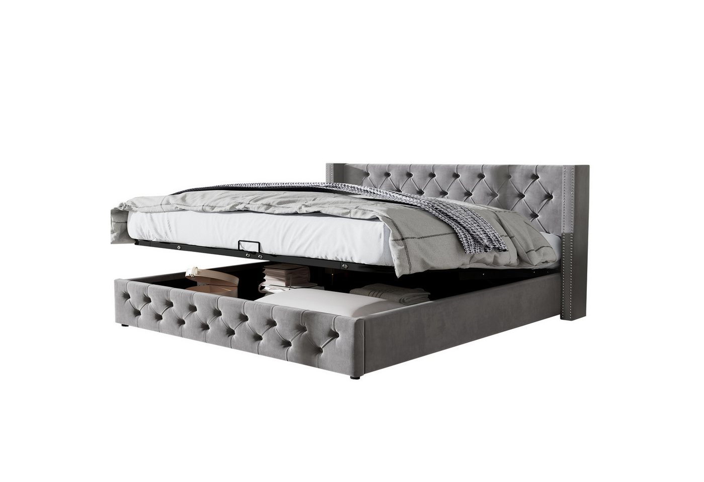 Rutaqian Polsterbett Stauraumbett Boxspringbett, Doppelbett, 140x190 cm, moderner Stil, (1-tlg., Mit Lattenrost und höhenverstellbares Kopfteil), zweireihige Flanellnieten, genähtes Knopfloch von Rutaqian