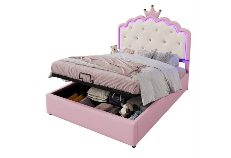 Rutaqian Polsterbett Stilvoller Rosa Look Bett mit Ferngesteuertes Ambientelicht (Kronprinzessinnenform,Hydraulischer Stauraum,140x200 cm(ohne Matratze) von Rutaqian