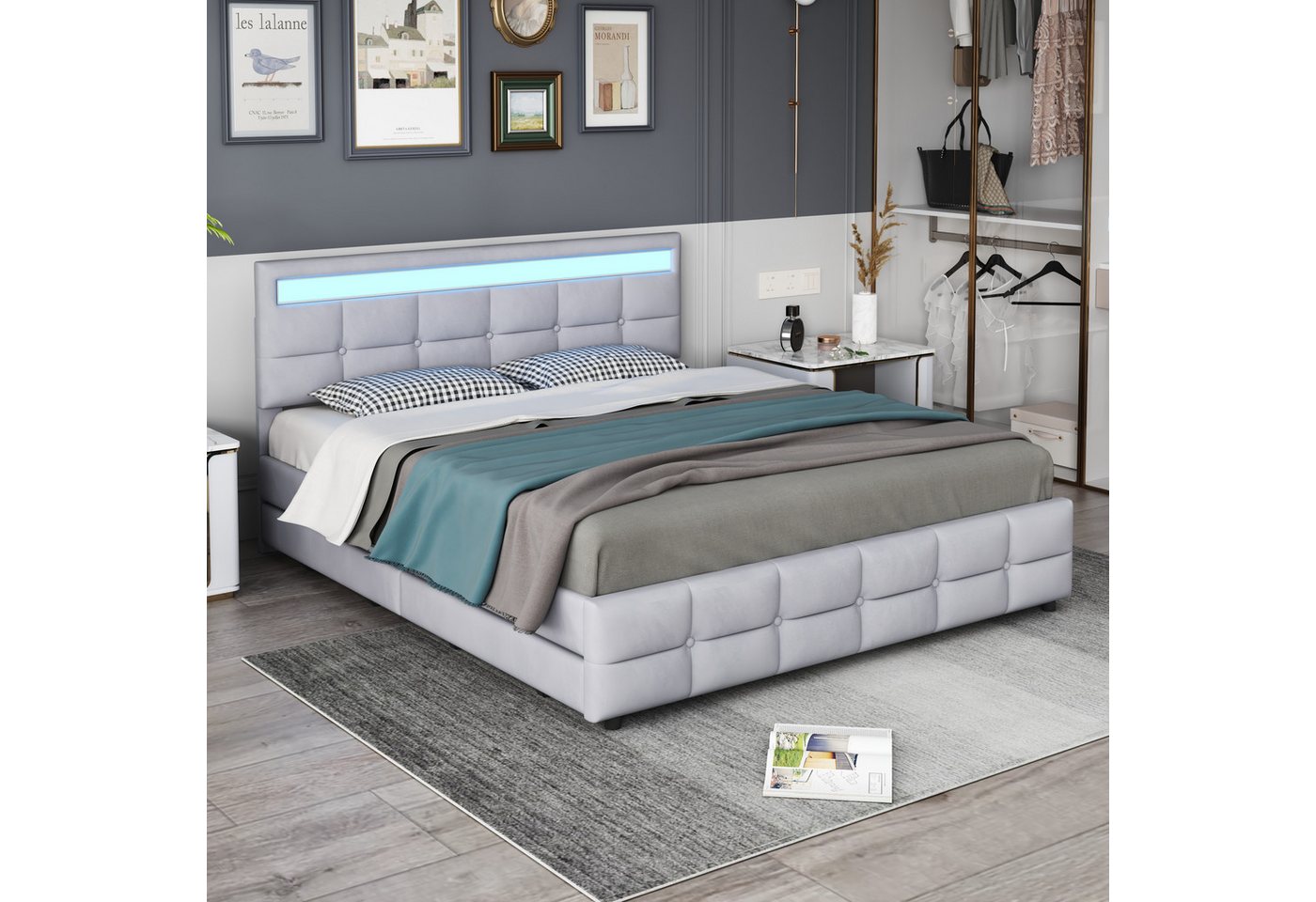 Rutaqian Polsterbett modern Doppelbett 180 x 200 cm, mit LED-Bettgestell, 4 Schubladen, (1-tlg), Lattenrost und Rückenlehne, Samtstoff, für Erwachsene und Jugendliche von Rutaqian