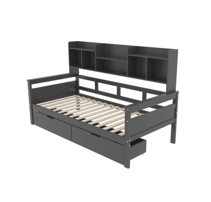 Rutaqian Schlafsofa Einzelbett Massivholzbett Kinderbett Jugendbett 5 Ablagefächer, 1 Teile, mit Schubladen und Regale, Lattenrost, 90x200cm, Modern Design, weiß von Rutaqian