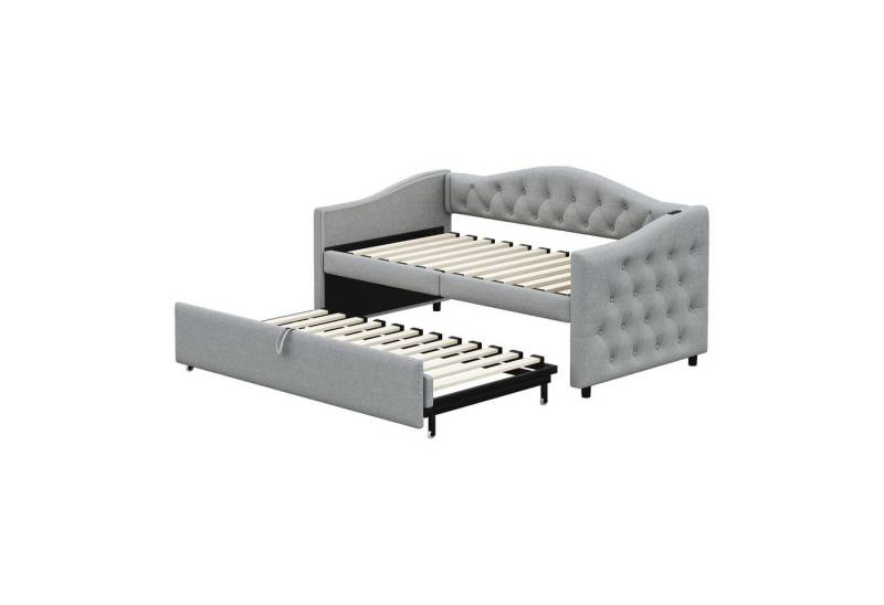 Rutaqian Schlafsofa Polsterbett Einzelbett, mit Ausziehbett und Lattenrost, Luxus-Stil, 1 Teile, Klassische Form mit Knöpfen, Leinenstoff, 90×200 cm von Rutaqian