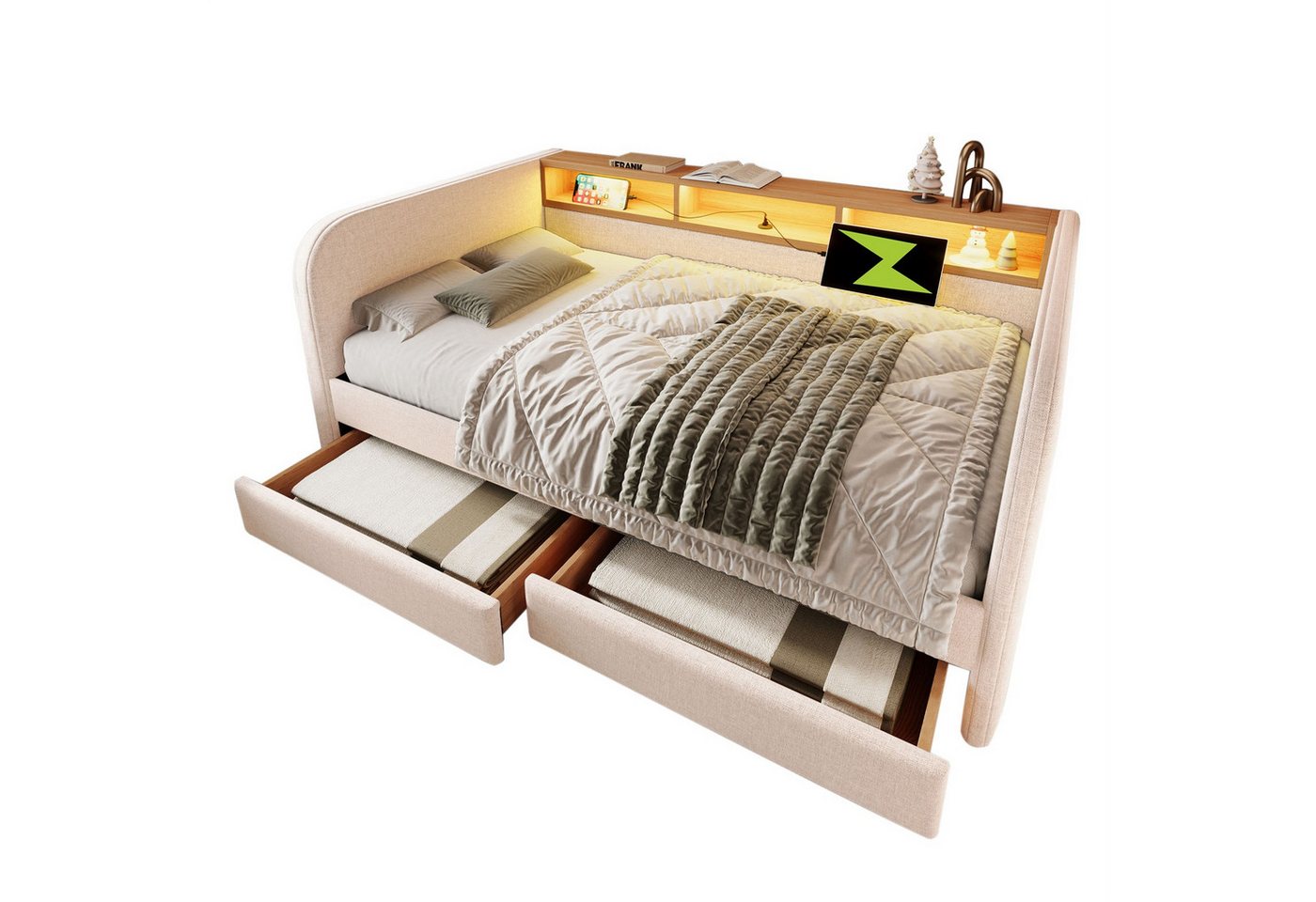 Rutaqian Schlafsofa Polsterbett mit 2 Schubladen und Stauraum-Kopfteil, LED und USB, Tagesbett 140x190 cm(Ohne Matratze) von Rutaqian