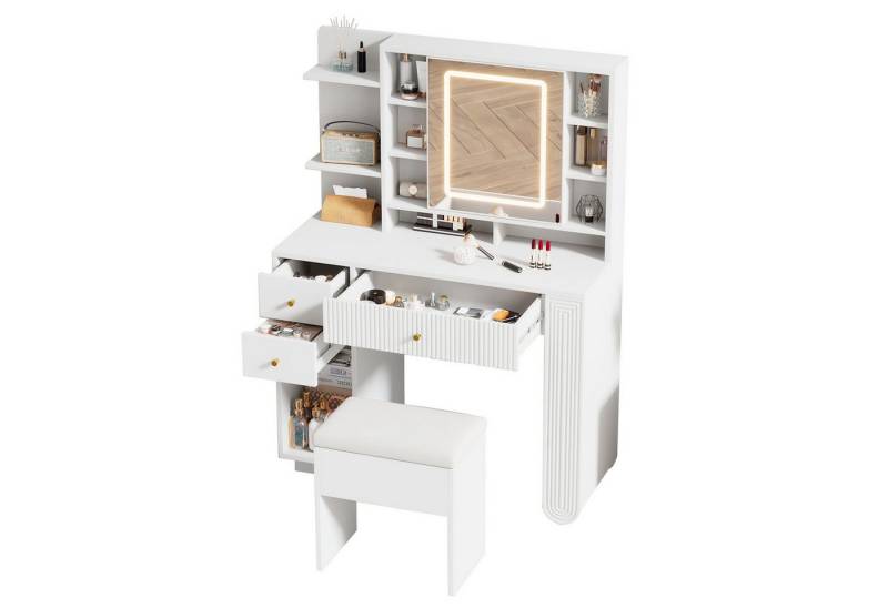 Rutaqian Schminktisch Beleuchteter Schminktisch mit Spiegel & Hocker – Moderner Frisiertisch (1-St), mit Einstellbarer Helligkeit, Schubladen & Offener Ablage,100×40×138cm von Rutaqian