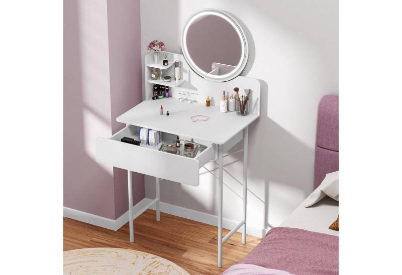 Rutaqian Schminktisch Schminktisch mit LED-Beleuchtung, Modern Frisiertisch, Einstellbare (1-St), Helligkeit, 1 Schublade und 2 offenen Regalen, 60×40×126 cm von Rutaqian