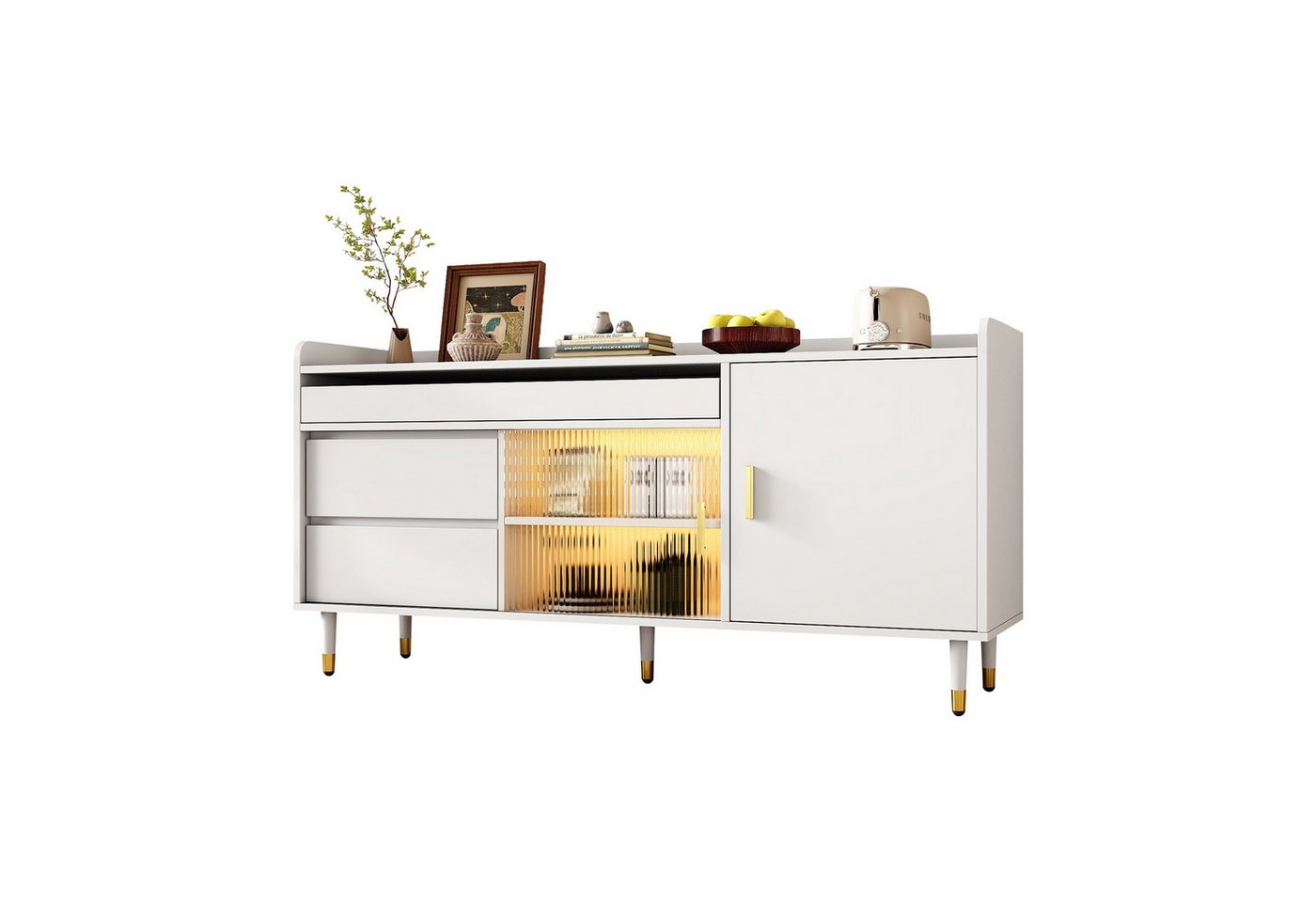 Rutaqian Schubkastenkommode Freistehende Kommode aus Holz mit Glasschiebetüren und LED-Beleuchtung (Sideboard, Buffetschrank, Küchenmöbel 140x38x76 cm, Elegante Holzanrichte für Esszimmer, Wohnzimmer oder Flur) Rutaqian Schubkastenkommode Freistehende Kommode aus Holz mit Glasschiebetüren und LED-Beleuchtung (Sideboard, Buffetschrank, Küchenmöbel 140x38x76 cm, Elegante Holzanrichte für Esszimmer, Wohnzimmer oder Flur) von Rutaqian