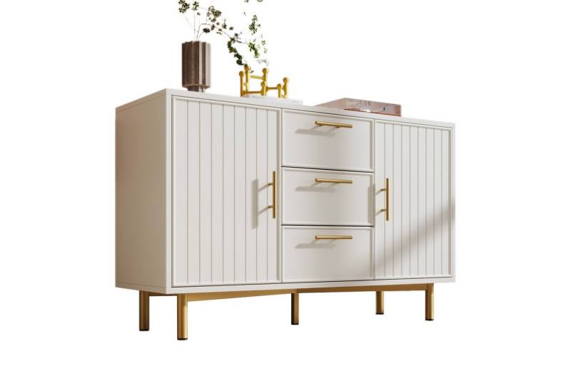 Rutaqian Schubkastenkommode Kommode mit 2 Türen und 3 Schubladen, Weiß-H75/B120/T40 cm (Türkommoden mit Schubkasten, Verstellbare Ablage, Moderner Schubkastenkommode Die Schlichte, Elegante Form), für Wohnzimmer Schlafzimmer von Rutaqian