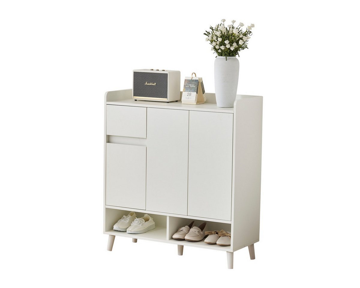 Rutaqian Schuhschrank Kommode mit Verstellbaren Einlegeböden,1 Schublade,3 Türen,2 Fächer (Minimalistischer Home Organizer mit Massivholzbeinen,90x35x99 cm) von Rutaqian