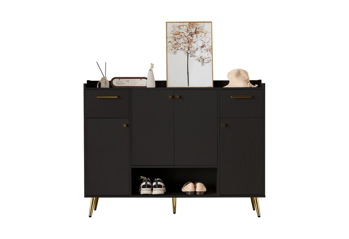 Rutaqian Schuhschrank Schuhschrank, Schuhregal mit 2 Schubladen und 4 Türen, Metallfüße (1-St) Shoe Rack für Eingang,Maße: B130/W37/H100, weiß /schwarz von Rutaqian