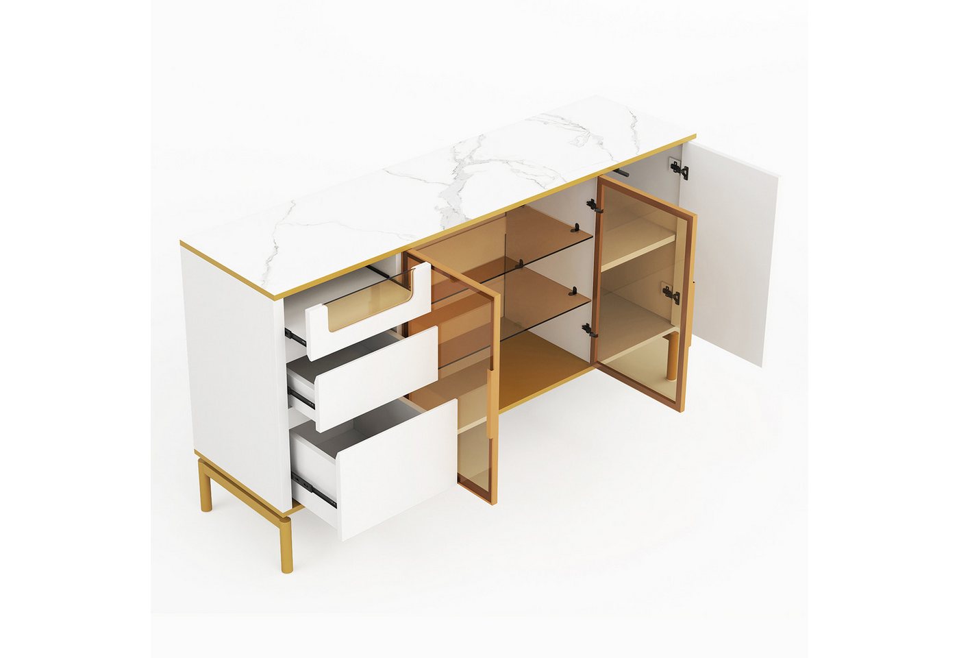 Rutaqian Sideboard Elegantes Sideboard 150Lx40Bx80H cm, weiß, Arbeitsplatte aus Marmor, goldene Zierleiste-Moderner Stauraumschrank mit Glas- und Holzfächern Rutaqian Sideboard Elegantes Sideboard 150Lx40Bx80H cm, weiß, Arbeitsplatte aus Marmor, goldene Zierleiste-Moderner Stauraumschrank mit Glas- und Holzfächern von Rutaqian