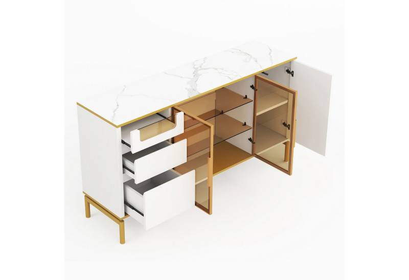 Rutaqian Sideboard Elegantes Sideboard 150Lx40Bx80H cm, weiß, Arbeitsplatte aus Marmor, goldene Zierleiste-Moderner Stauraumschrank mit Glas- und Holzfächern von Rutaqian