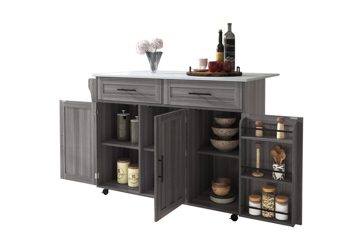 Rutaqian Sideboard Ess-Sideboard, weiße Marmorarbeitsplatte und khakigrauer Holzschrank (Ausziehbare Arbeitsplatte/Lagertürdesign/ideal für Zuhause, Sideboard,Kommode.129 x 71 x 91.5 cm) von Rutaqian