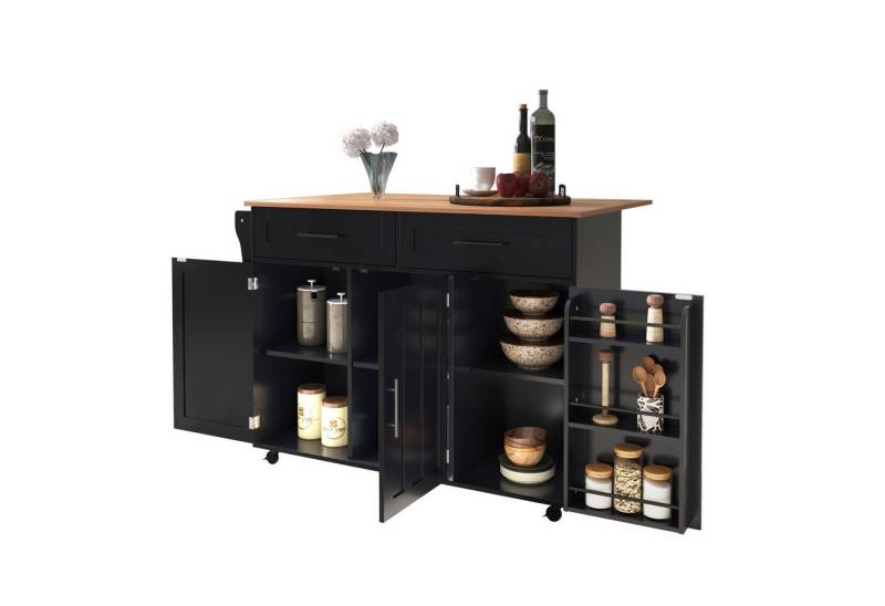 Rutaqian Sideboard Esszimmerwagen, Sideboard, Buffetschrank, klappbare Arbeitsplatte,Holz (1 St., für Küchen Wohnzimmer 129x46(71)x91,5cm), mit Stauraumtür, Rollen-/Massivholzfüße von Rutaqian