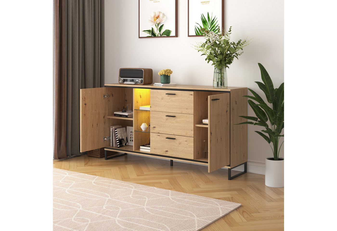 Rutaqian Sideboard Holzfarbe-Sideboard, Sideboard mit drei Schubladen, mit zwei Türen (Mit 15 farbwechselnden LED-Lichtstreifen, Multifunktionaler Lagerschrank für Schlafzimmer und Wohnzimmer), Schubladenkommode für Flur Schlafzimmer Wohnzimmer , 160x40x85cm von Rutaqian