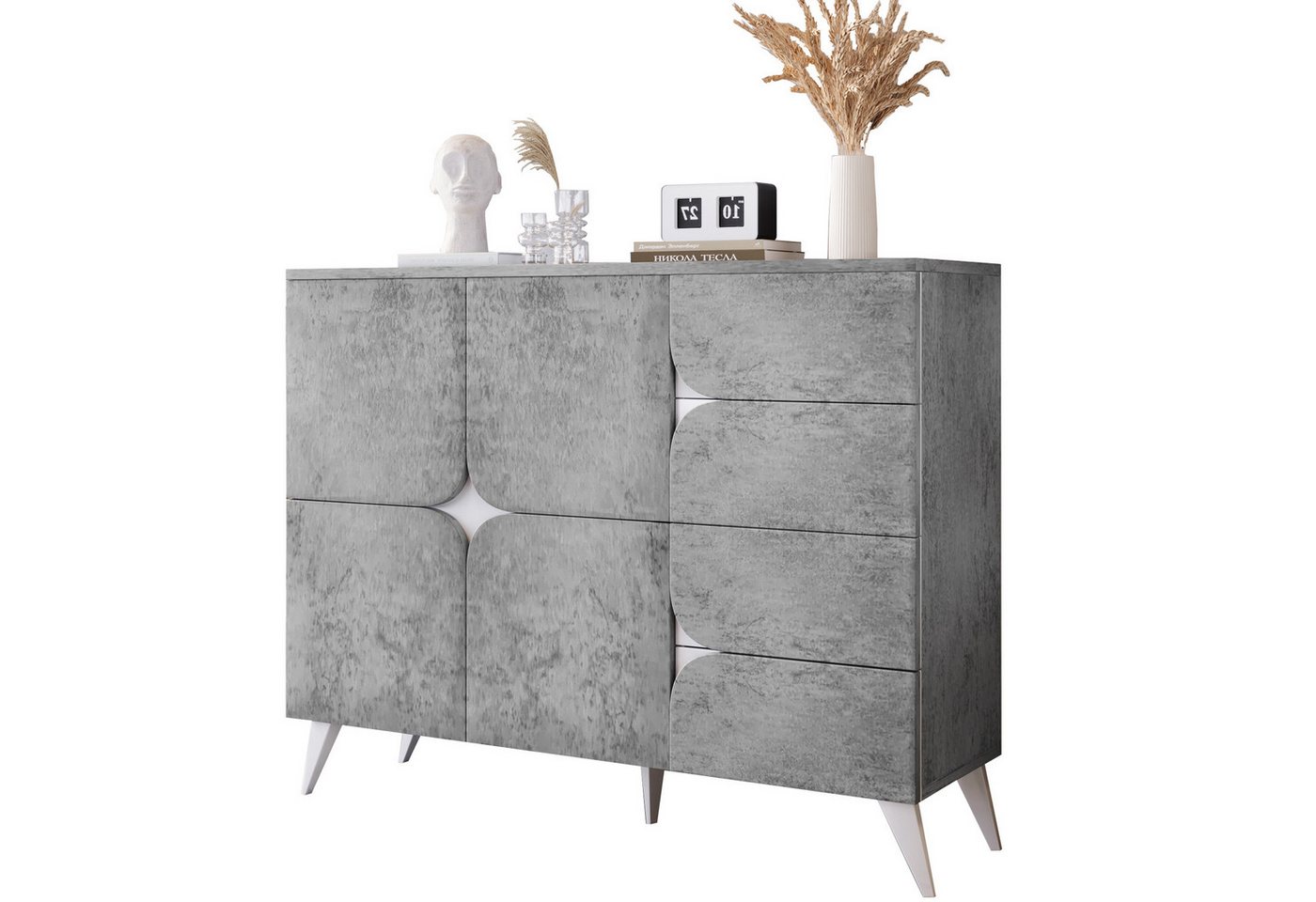 Rutaqian Sideboard Kommode mit 4 Schubladen und 4 Türen, Spezieller Paneelform (Moderner, Edel Aussehender Sideboard 120x35.5x94 cm) von Rutaqian