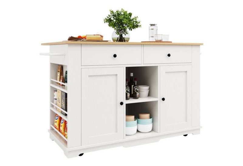 Rutaqian Sideboard Küchenschrank, Servierwagen mit Arbeitsplatte, 2 Schubladen, 6 Fächern (Ablagen und Handtuchhalter auf Beiden Seiten,Viel Stauraum, Küchenwagen mit Steckdosenleiste Ausgestattet, 5 Universalrädern) von Rutaqian