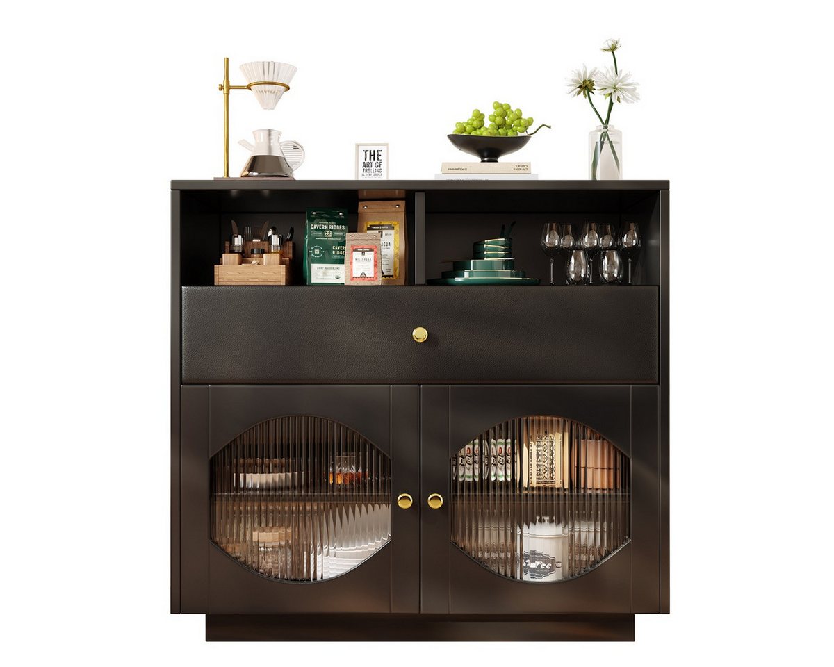 Rutaqian Sideboard Küchenschrank, Sideboard mit Glastüren, Aufbewahrungsschrank (Buffetschrank für Küche, Esszimmer und Wohnzimmer), Modernes schwarzes Sideboard, 100×40×90.5cm von Rutaqian