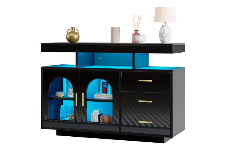 Rutaqian Sideboard LED-Sideboard Wohnzimmer mit drei Schubladen + zwei Türen,  120x40x80cm (1 St., Hochglanz-Küchenschrank mit 16-Farben-Lichtern für das Esszimmer), Buffetschrank, großer Kaffeebarschrank, Schubladenschrank von Rutaqian