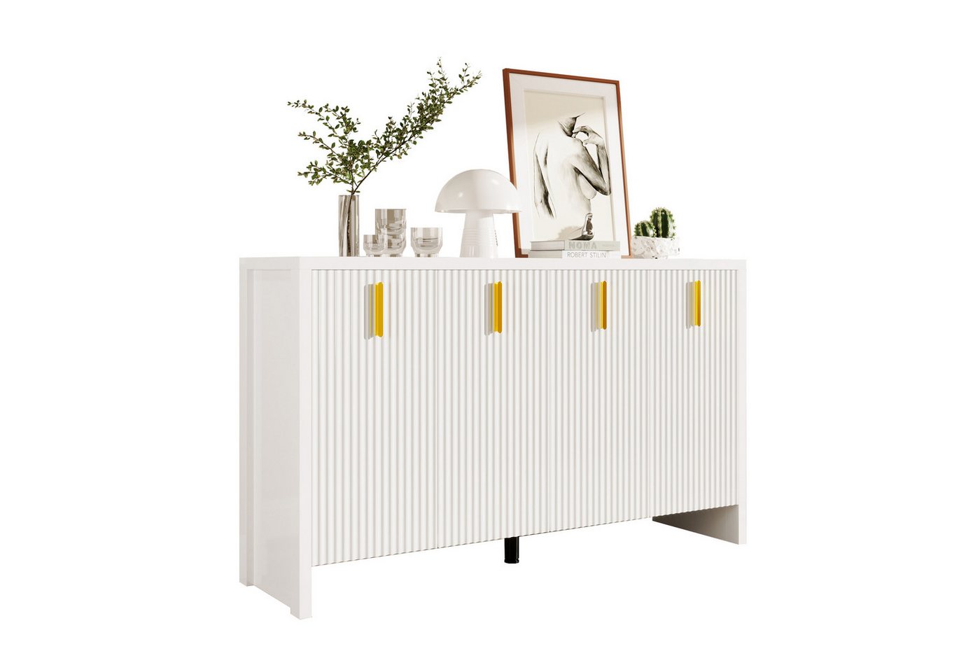 Rutaqian Sideboard Modernes minimalistisches weißes Sideboard,Beistelltisch 140x80x38cm (Sideboard mit goldenen Griffen und verstellbaren Trennwänden), geeignet für Schlafzimmer, Wohnzimmer, Flur, einfache Montage von Rutaqian