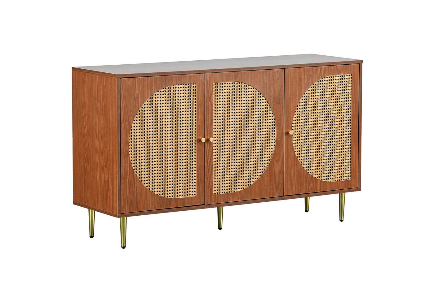 Rutaqian Sideboard Sideboard mit 3 Rattan verzierten Türen, 130x40x75cm, Nussbaum Kommode (1 St), Highboard mit Metallgriffe, für Schlafzimmer & Wohnräume & Büro von Rutaqian