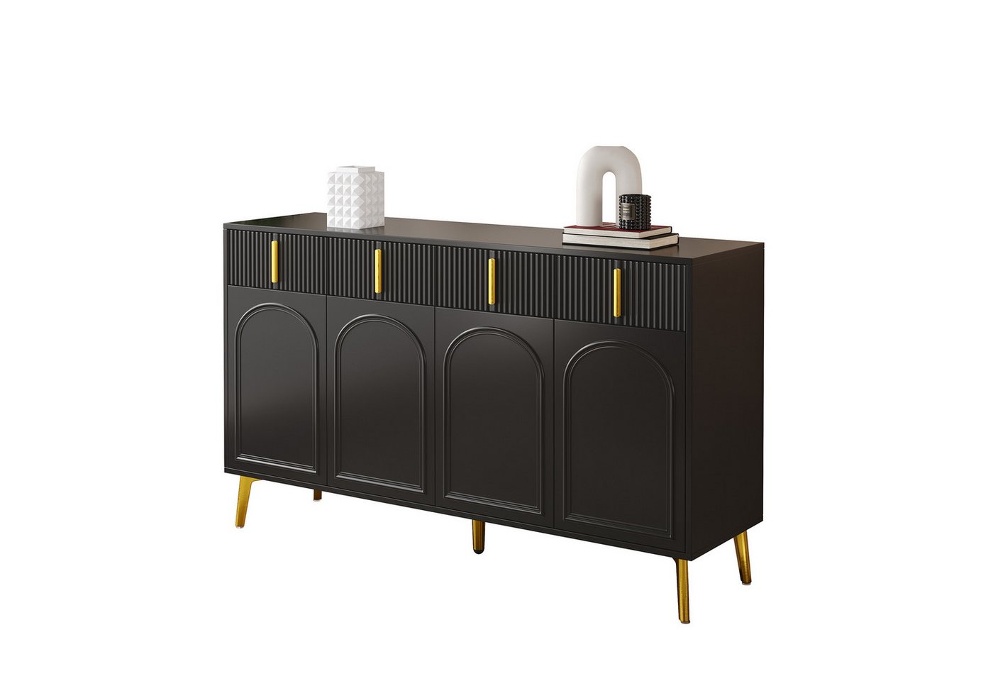 Rutaqian Sideboard Sideboard mit goldenen Griffen und Beinen, 4 Türen, 4 Schubladen (1 St., mit herausnehmbarem Laminat), geeignet für Wohn- und Esszimmer, 140x37,8x82cm von Rutaqian